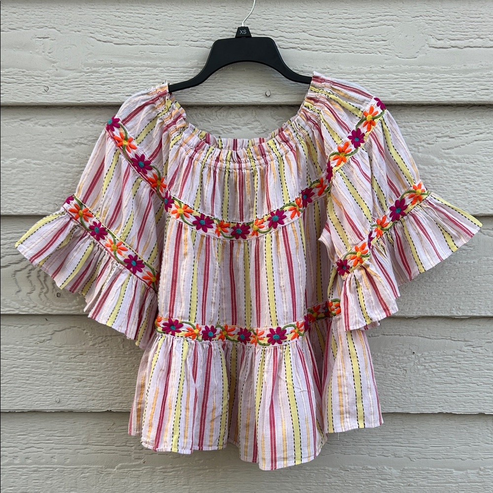 Ivy Jane Floral Embroidered Striped Women's Boho Top XS
